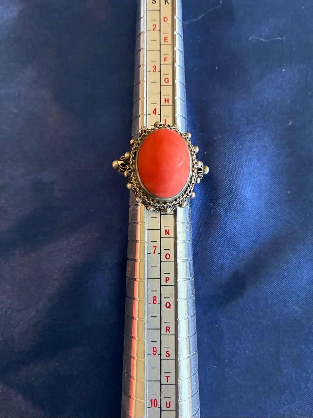 Source Unknown Coral-Red Oval Statement Ring in Silver Tone